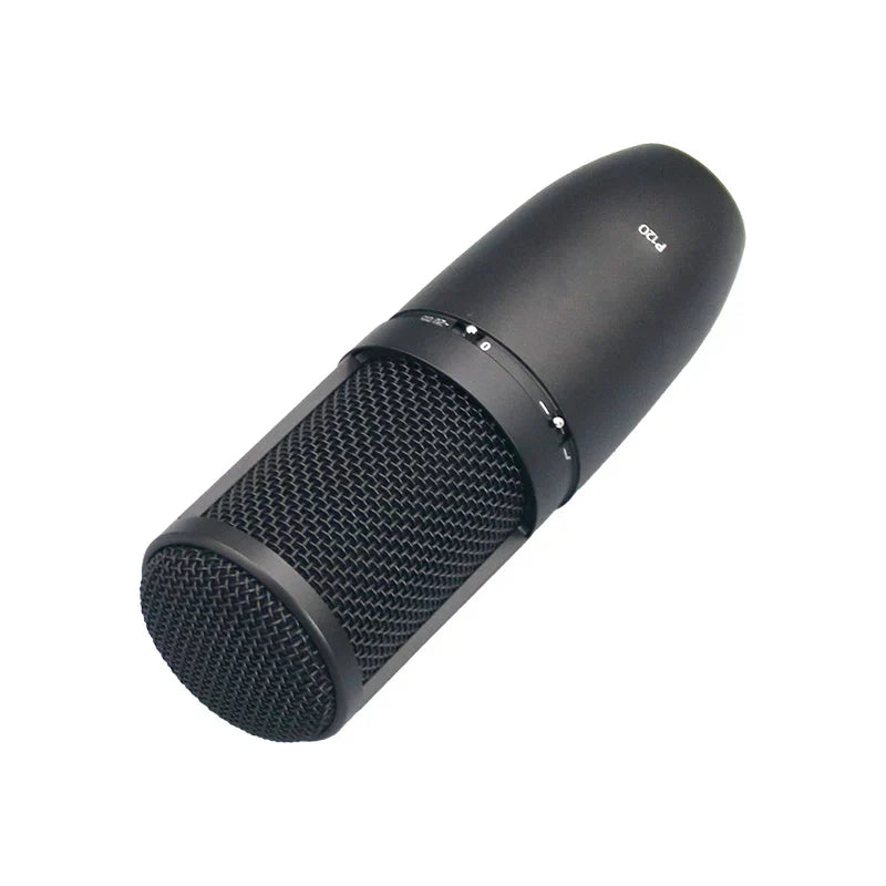 Black professional studio condenser microphone with mesh grille and control knobs for vocal recording streaming and home podcast production