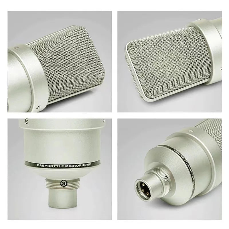 Silver professional studio condenser microphone with fine mesh grille for laptop mic singing karaoke streaming wired use