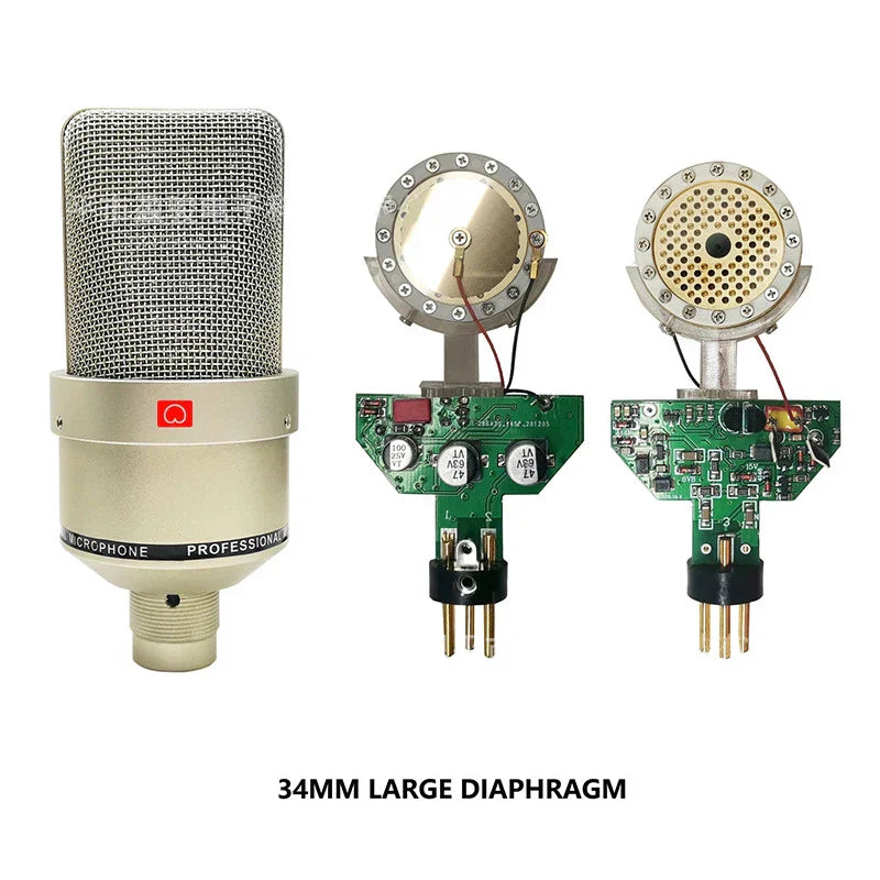 Professional studio condenser microphone with silver mesh cap beige body and red logo ideal for laptop mic singing karaoke streaming wired use