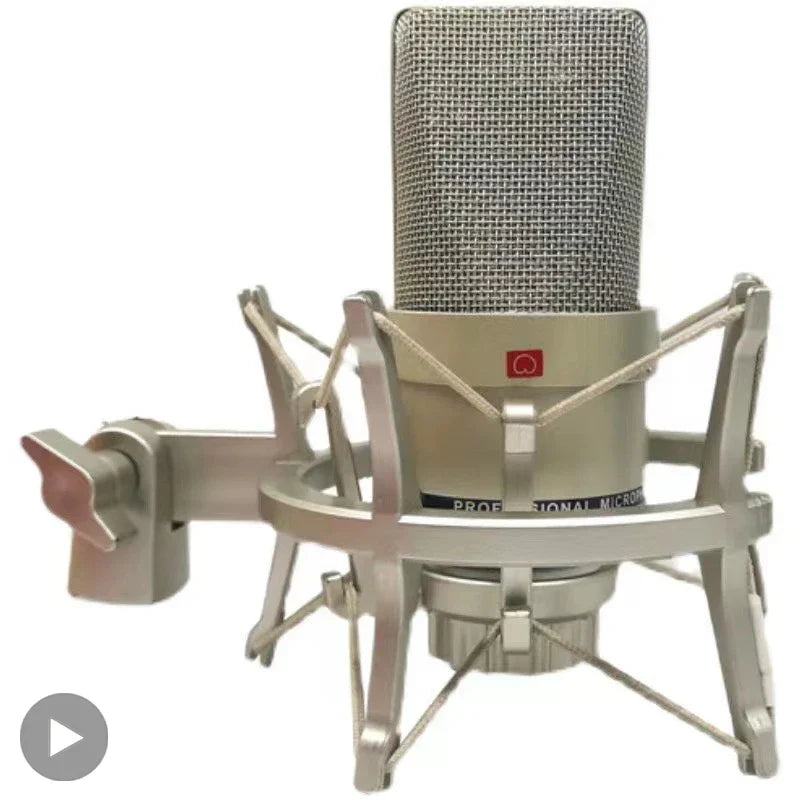 Silver professional studio condenser microphone with mesh grille and red logo in metallic shock mount for laptop mic singing karaoke streaming wired use