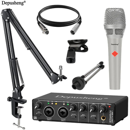 Silver professional studio condenser microphone with red diamond logo and metallic mesh grille for podcast equipment set