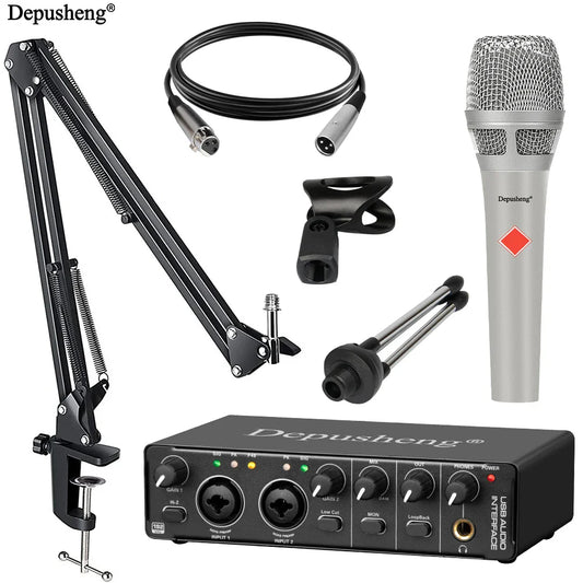 Silver professional studio condenser microphone with red diamond logo and metallic mesh grille for podcast equipment set