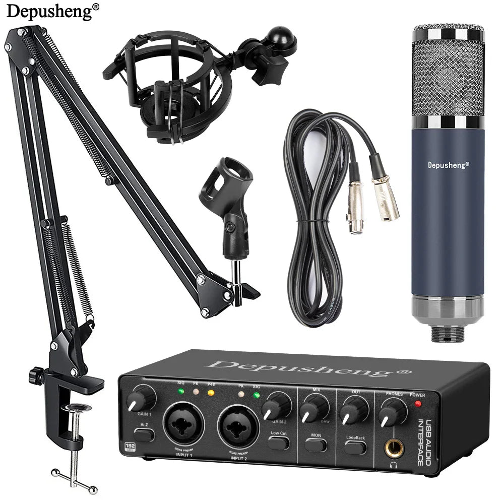 Depusheng professional studio condenser navy blue microphone with usb audio interface and black metal arm kit podcast equipment