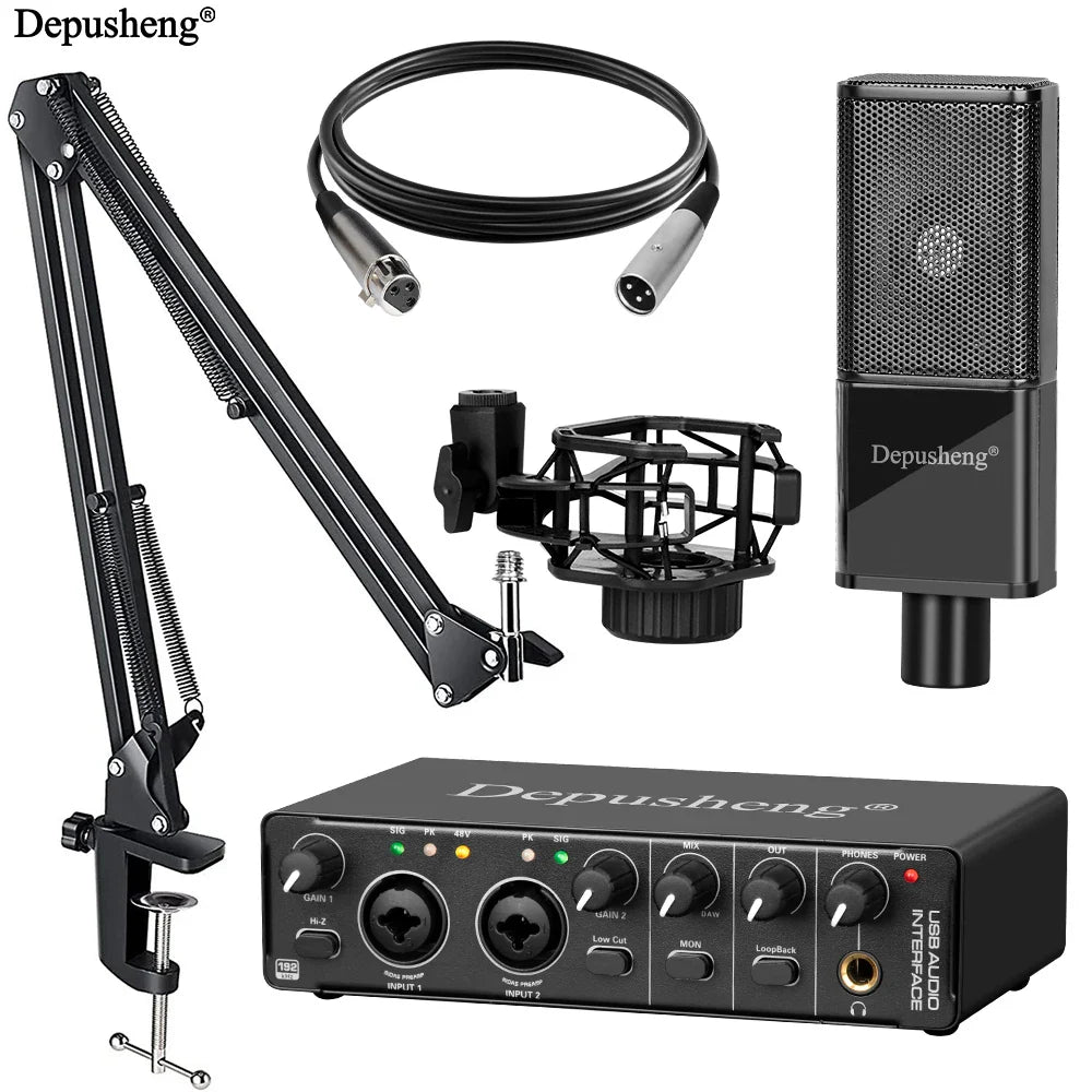Black rectangular usb audio interface with multiple knobs and ports by depusheng for professional studio condenser and podcast equipment set