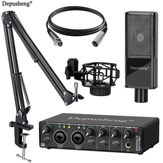 Black rectangular usb audio interface with multiple knobs and ports featuring depusheng for professional studio condenser kit podcast equipment