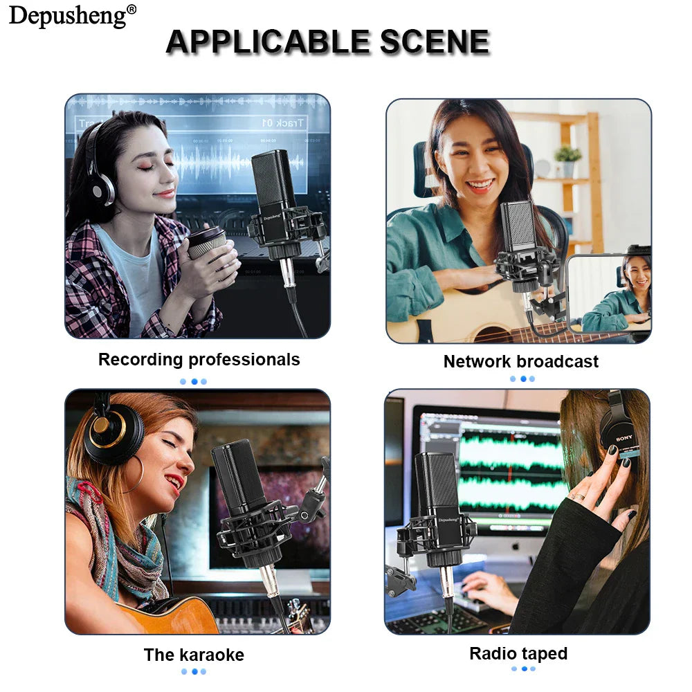 Black depusheng professional studio condenser microphone with metallic mesh grille and usb audio interface kit podcast equipment