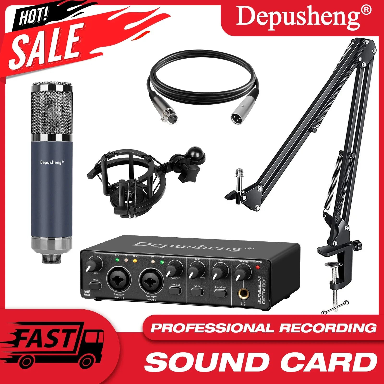 Depusheng professional studio condenser microphone dark blue with usb audio interface kit podcast equipment set