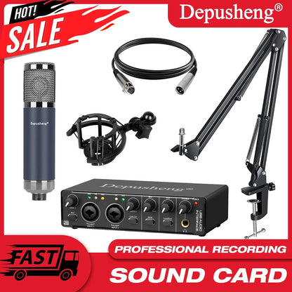 Depusheng professional studio condenser mic in dark blue with usb audio interface and podcast equipment set accessories