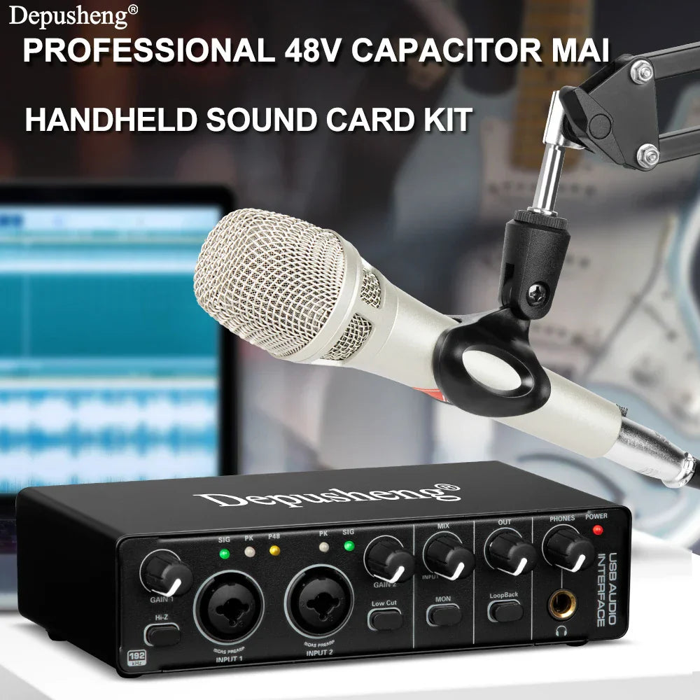 White and black professional studio condenser microphone with metallic mesh grille mounted on arm above black usb audio interface kit podcast equipment set