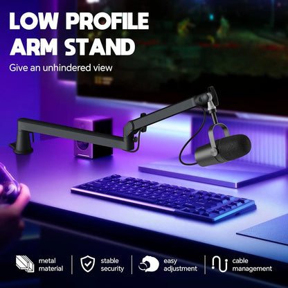 Black professional studio low profile mic arm with adjustable metal arms extended riser cable for sm7b mv7 am8 support