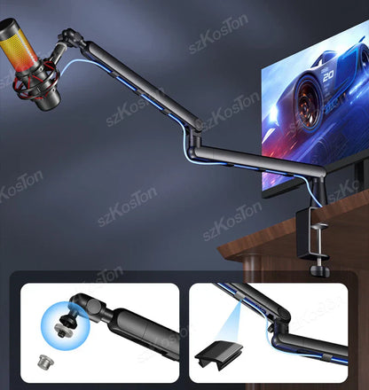 Black adjustable professional studio low profile mic arm with extended riser cable and sm7b mv7 am8 condenser mic attached