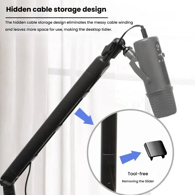 Black professional studio mic cantilever bracket microphone stand with hidden cable storage and tool-free slider mechanism