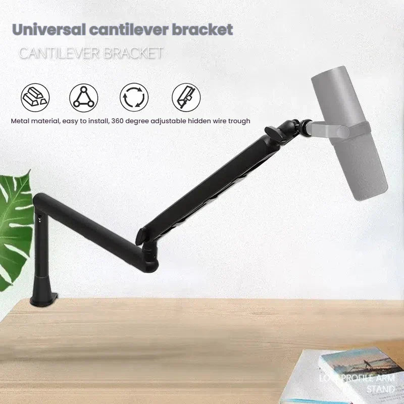 Black metal professional studio mic cantilever bracket with 360-degree adjustable arm and hidden cable storage trough