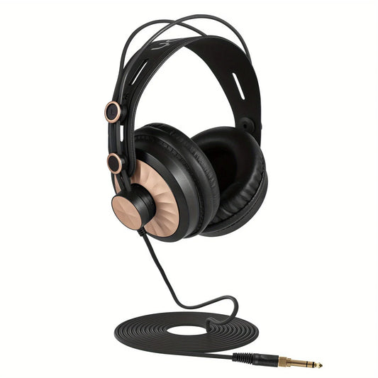 Black and rose gold wired over-ear professional studio monitor headphones with coiled cable for recording and podcasting
