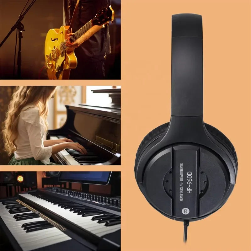 Black hp-960d hifi monitor headphones with padded headband for professional computer music and gamer headset use