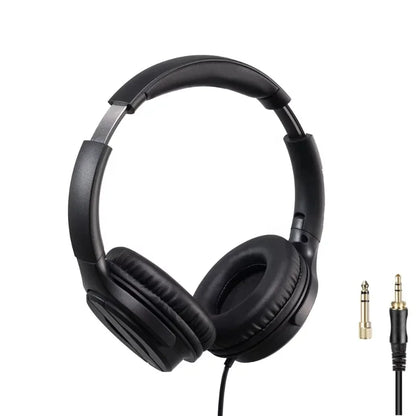 Black professional studio wired hifi monitor headphones with padded earcups and gold-plated 3.5mm gamer headset cable