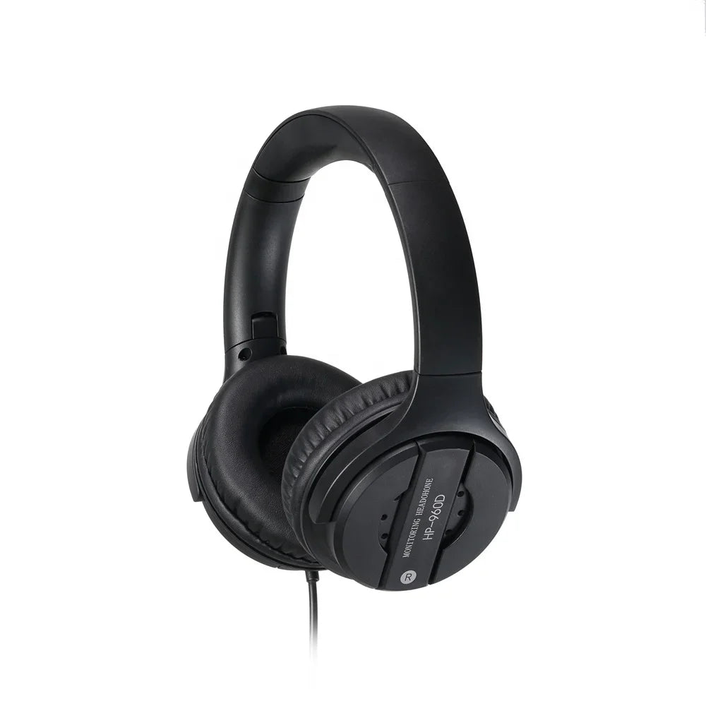 Black over-ear professional studio recording hifi monitor headphones with padded earcups for computer music and gamer headset use