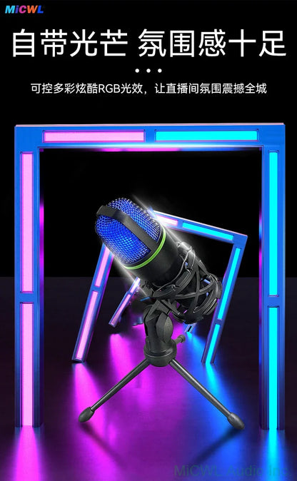 Professional studio usb microphone with black and blue rgb lighting mesh grille mounted on tripod for streaming gaming youtube and recording ps4 rgb