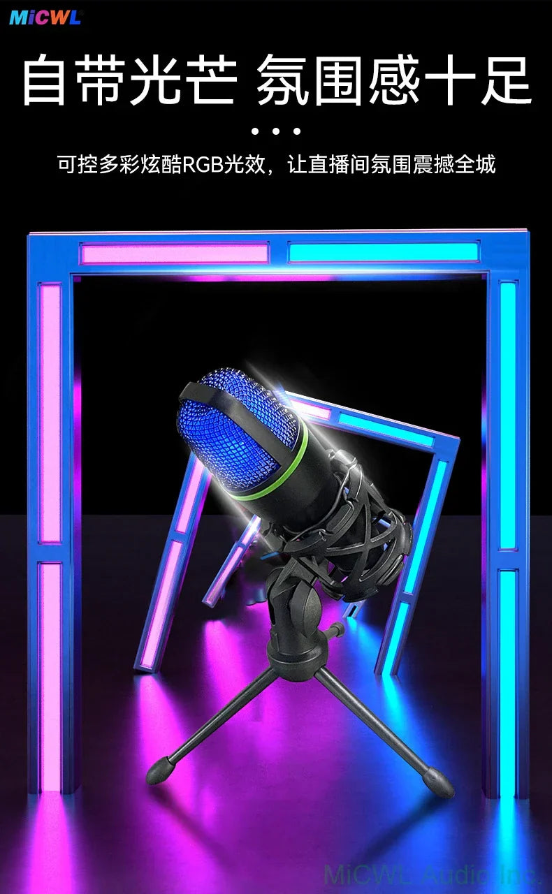 Professional studio usb microphone with black and blue rgb lighting and mesh grille mounted on tripod for streaming gaming youtube and gaming recording ps4