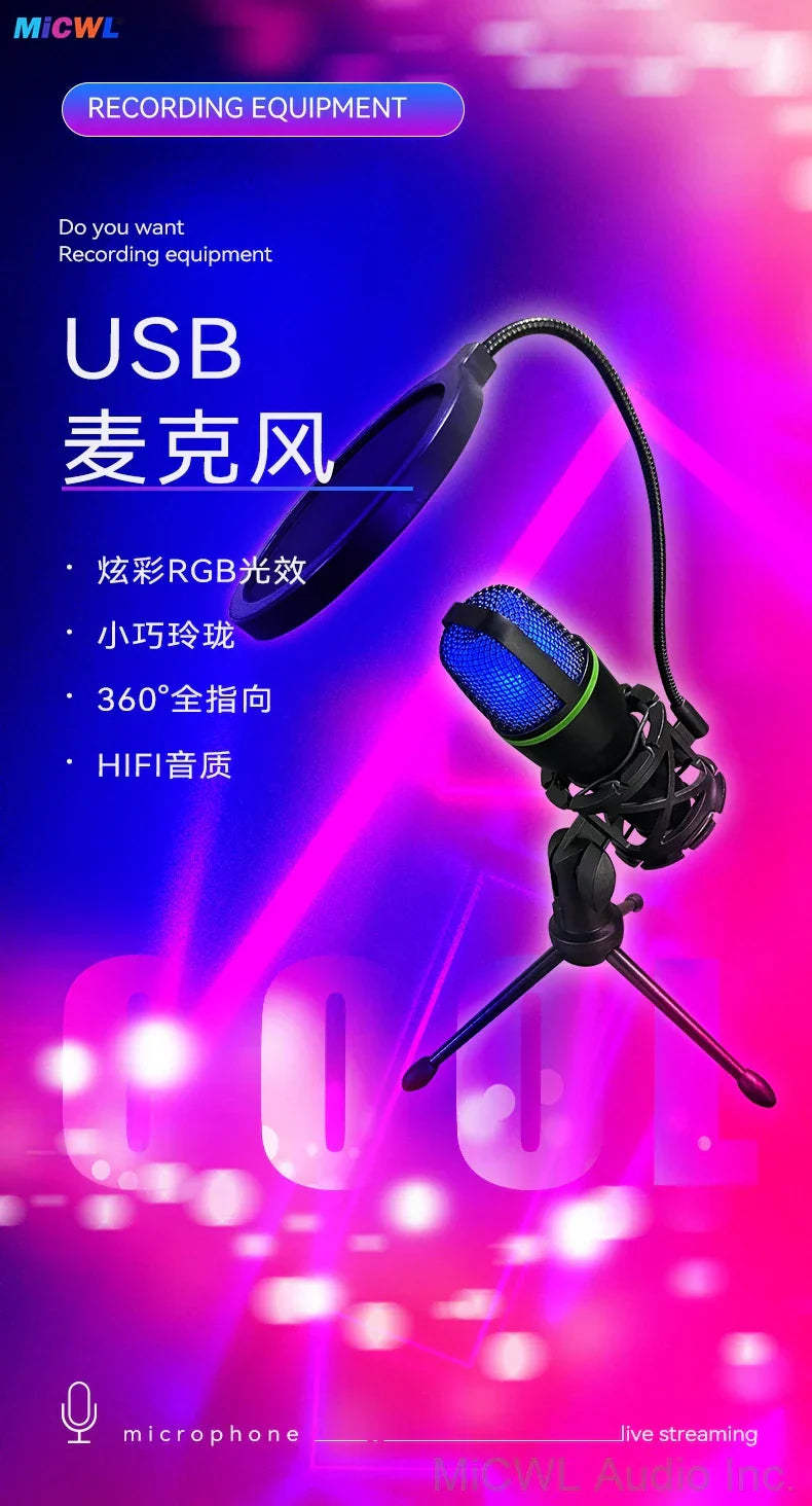 Professional studio usb black microphone with blue mesh grille rgb lighting on tripod stand for streaming gaming youtube and ps4 recording