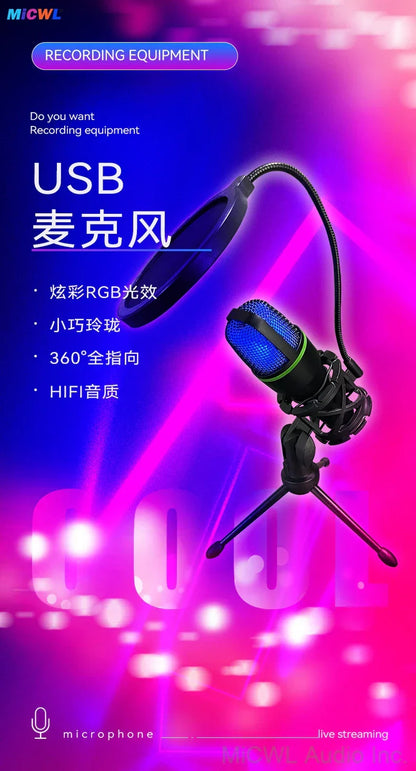 Black usb microphone with blue mesh grille and rgb lighting mounted on tripod stand for streaming gaming youtube recording ps4 rgb