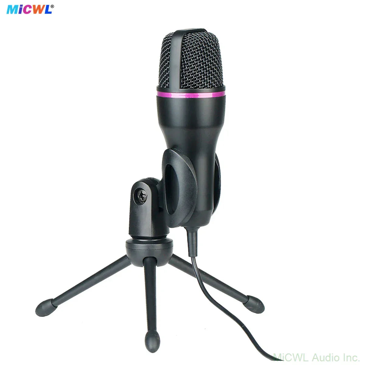 Black condenser professional studio usb microphone with pink accent mounted on tripod for streaming gaming youtube and ps4 recording