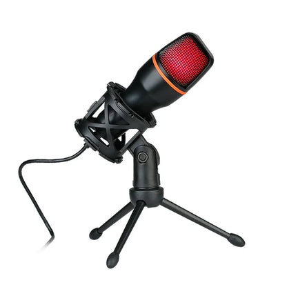 Black professional studio usb microphone with red mesh grille and orange accent for streaming gaming youtube recording ps4