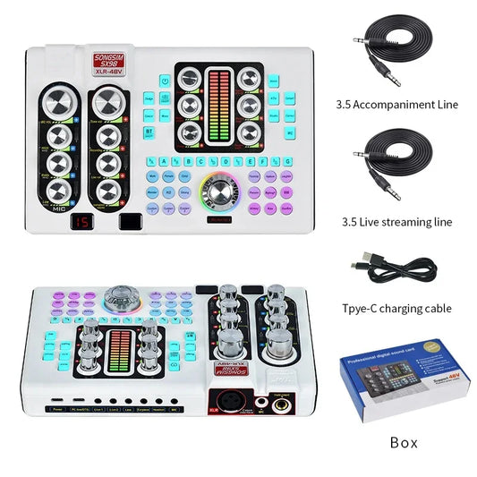 White songsim xlr-48v recording digital sound interface with silver knobs multiple sound effects and rgb spectrum display