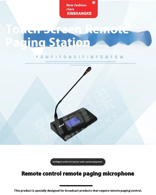 Black professional tabletop microphone touch screen remote station control with gooseneck mic and blue display panel
