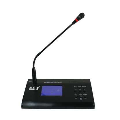 Black professional tabletop microphone with touchscreen and control panel for remote station control and digital broadcasting
