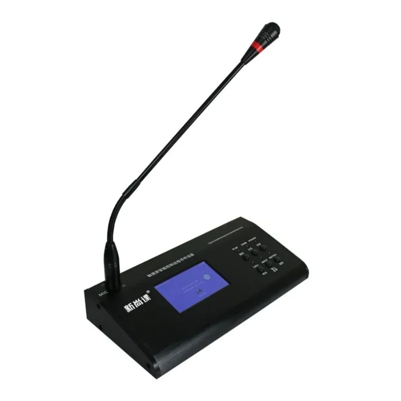 Black professional tabletop microphone with flexible gooseneck and digital touchscreen remote station control panel