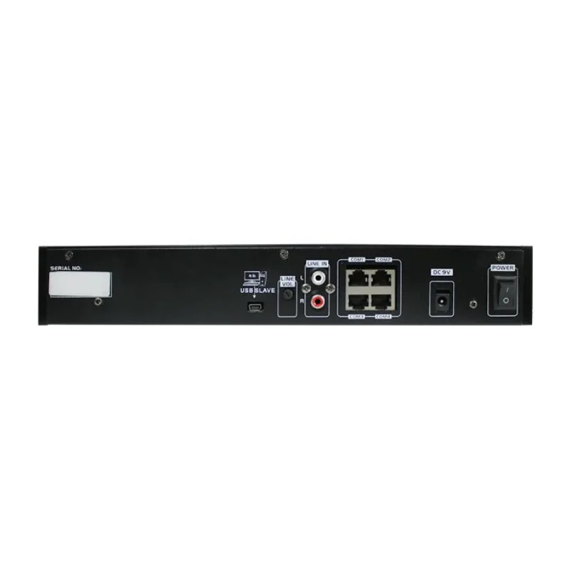 Black rectangular professional tabletop microphone remote station control with usb, rca, ethernet ports, and toggle switch