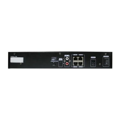 Black rectangular professional tabletop microphone remote station control with usb, rca, ethernet ports, and toggle switch