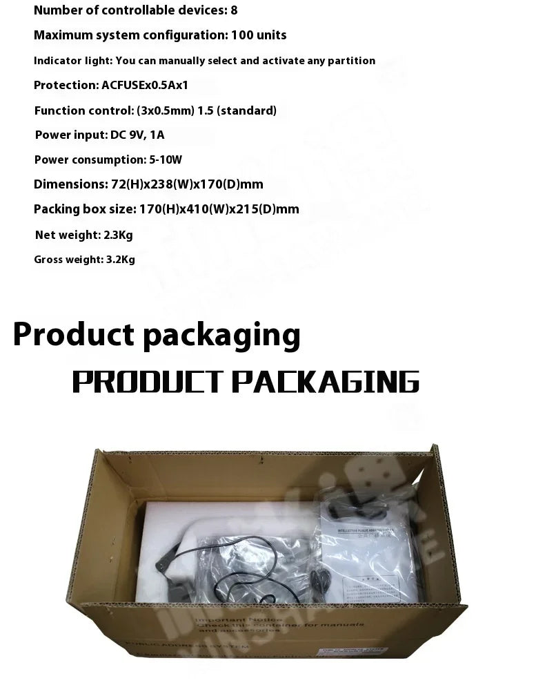 A cardboard box contains the packaging and contents of a professional tabletop microphone touch screen remote station control system