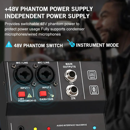 Professional teyun q12m black audio interface with two mic inputs main outputs and 48v phantom power switch for studio use