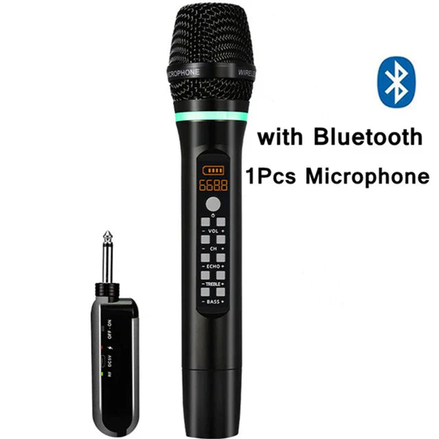 Black professional uhf wireless handheld bluetooth karaoke microphone with digital display and audio control buttons for recording studio home use