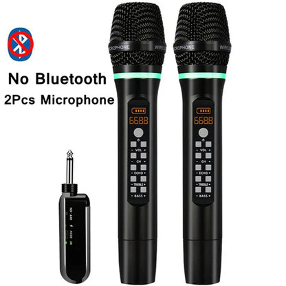 Black professional uhf wireless handheld bluetooth karaoke microphones with textured mesh grille and control buttons for recording studio home use