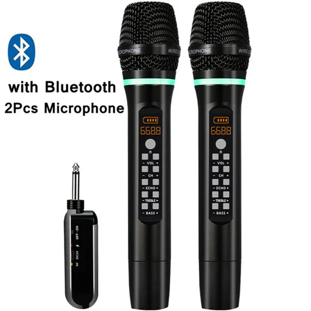 Black professional uhf wireless handheld bluetooth karaoke microphone with green led rings and digital display for recording studio home use