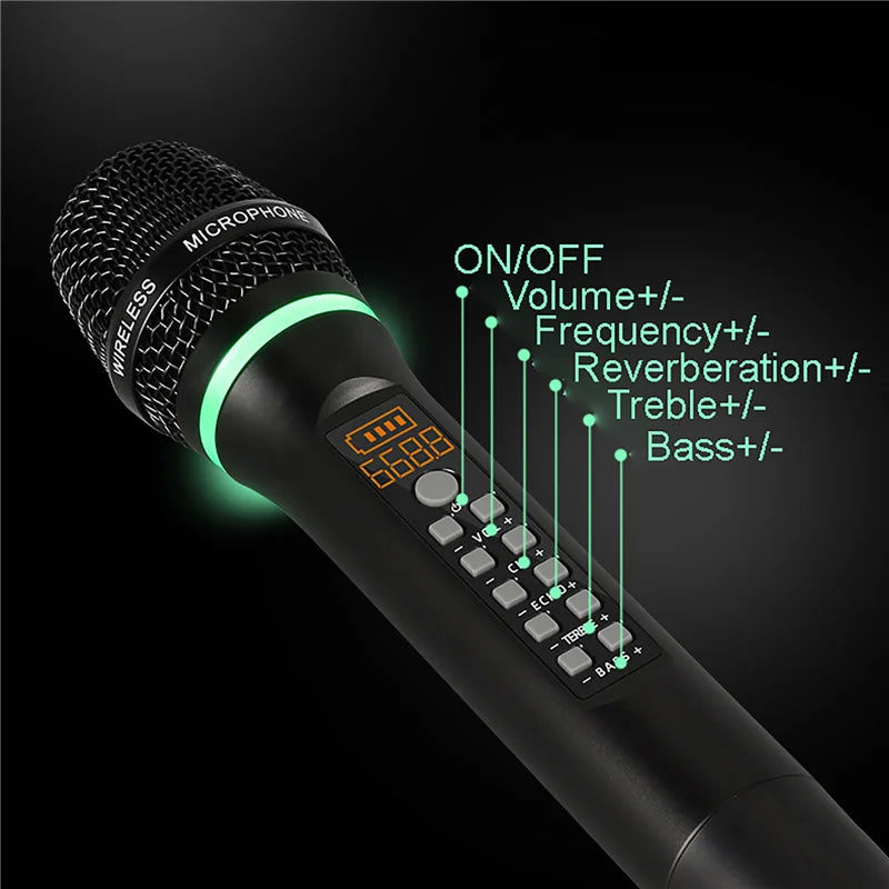 Professional uhf wireless black handheld bluetooth karaoke microphone with glowing green ring and studio controls for home use