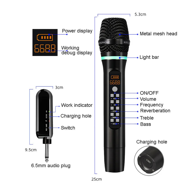 Black professional uhf wireless handheld bluetooth karaoke microphone with metal mesh head and control buttons for recording studio home use