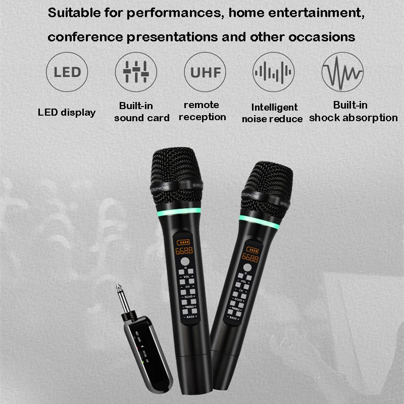 Black professional uhf wireless handheld bluetooth karaoke microphone with green led accents and digital display for recording studio home use