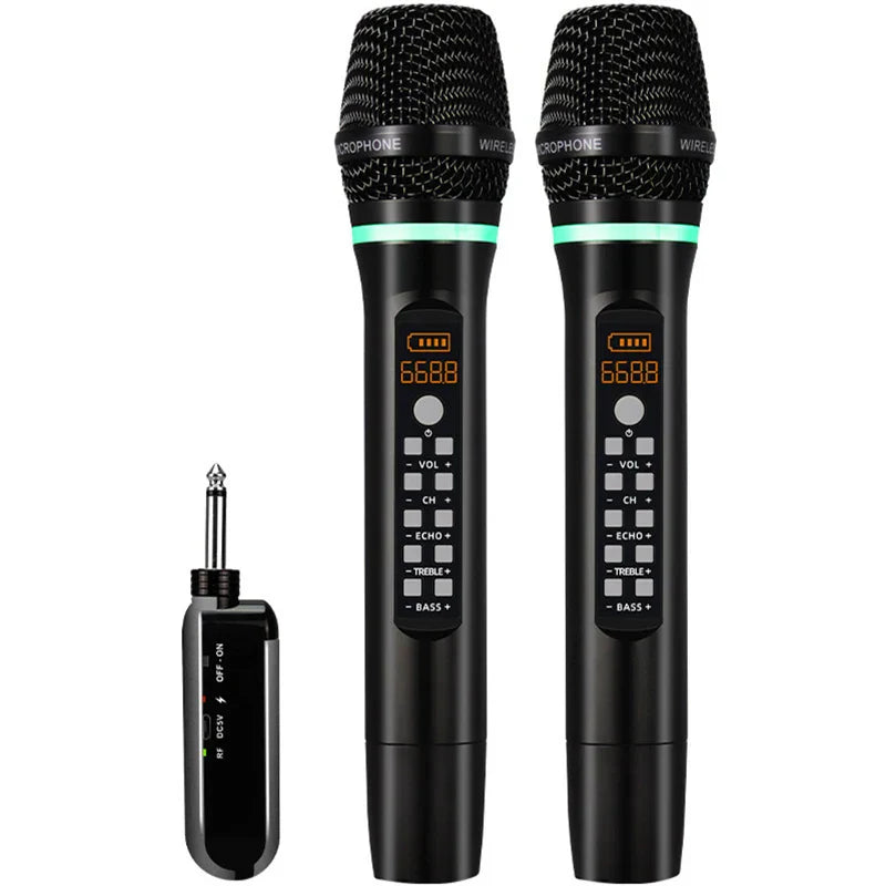 Black professional uhf wireless handheld bluetooth karaoke microphones with green led rings and matching receiver for recording studio home use