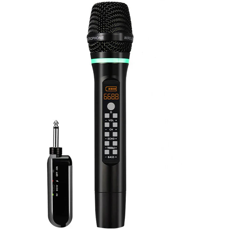 Professional uhf wireless black handheld bluetooth karaoke microphone with textured grille and digital display for recording studio home use