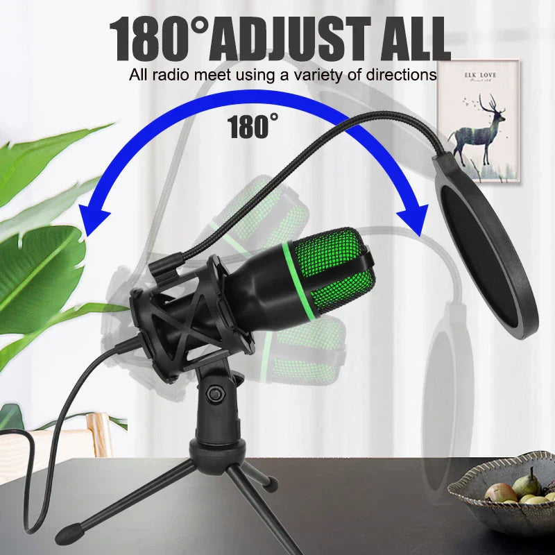 Professional usb condenser microphone with green mesh grille and pop filter for streaming video games youtube podcasts vocals