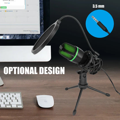 Black professional usb condenser microphone with green mesh grille and flexible gooseneck for streaming video games youtube podcasts vocals