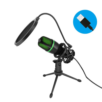 Professional usb condenser black microphone with green mesh grille and pop filter for streaming video games youtube podcasts vocals
