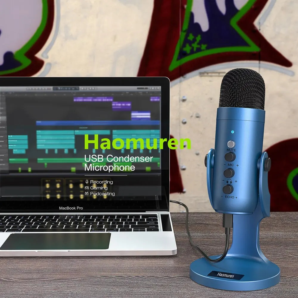 Blue haomuren professional usb condenser microphone with black mesh grille and control knobs for streaming podcast vocals