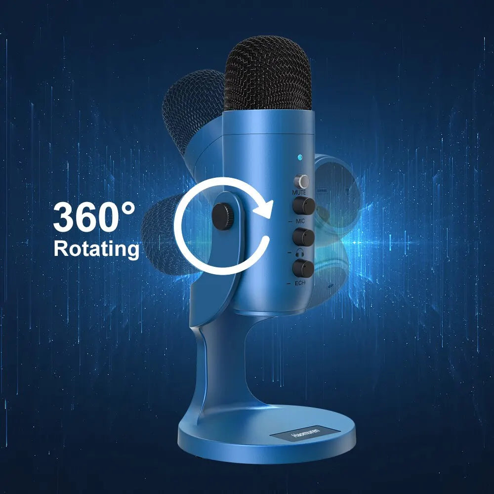 Blue professional usb condenser microphone with 360-degree rotation black mesh grille for gaming streaming podcast vocals