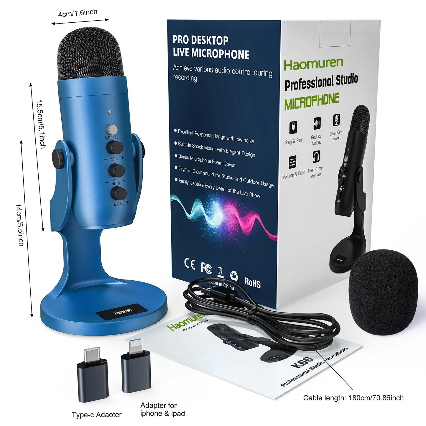 Blue haomuren k86 professional usb condenser microphone with black mesh grille and control knobs for gaming streaming podcast vocals