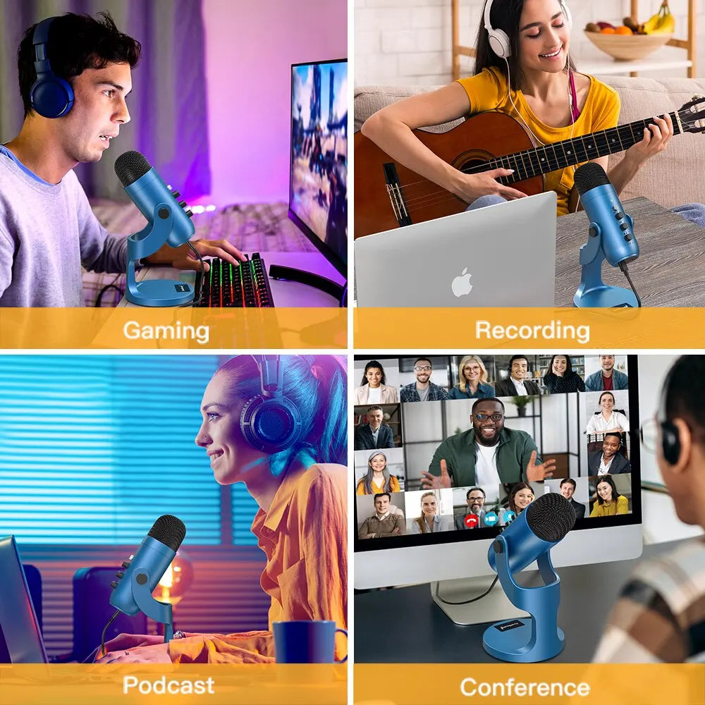 Blue professional usb condenser microphone with adjustable stand and black foam windscreen for gaming streaming podcast vocals
